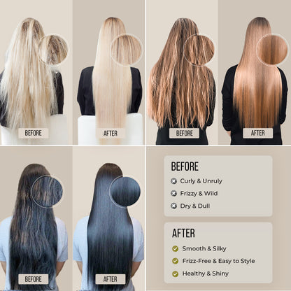 Before-and-after comparison on three hair types: frizzy, unruly and dull hair before – smooth, frizz-free and shiny hair after the keratin treatment