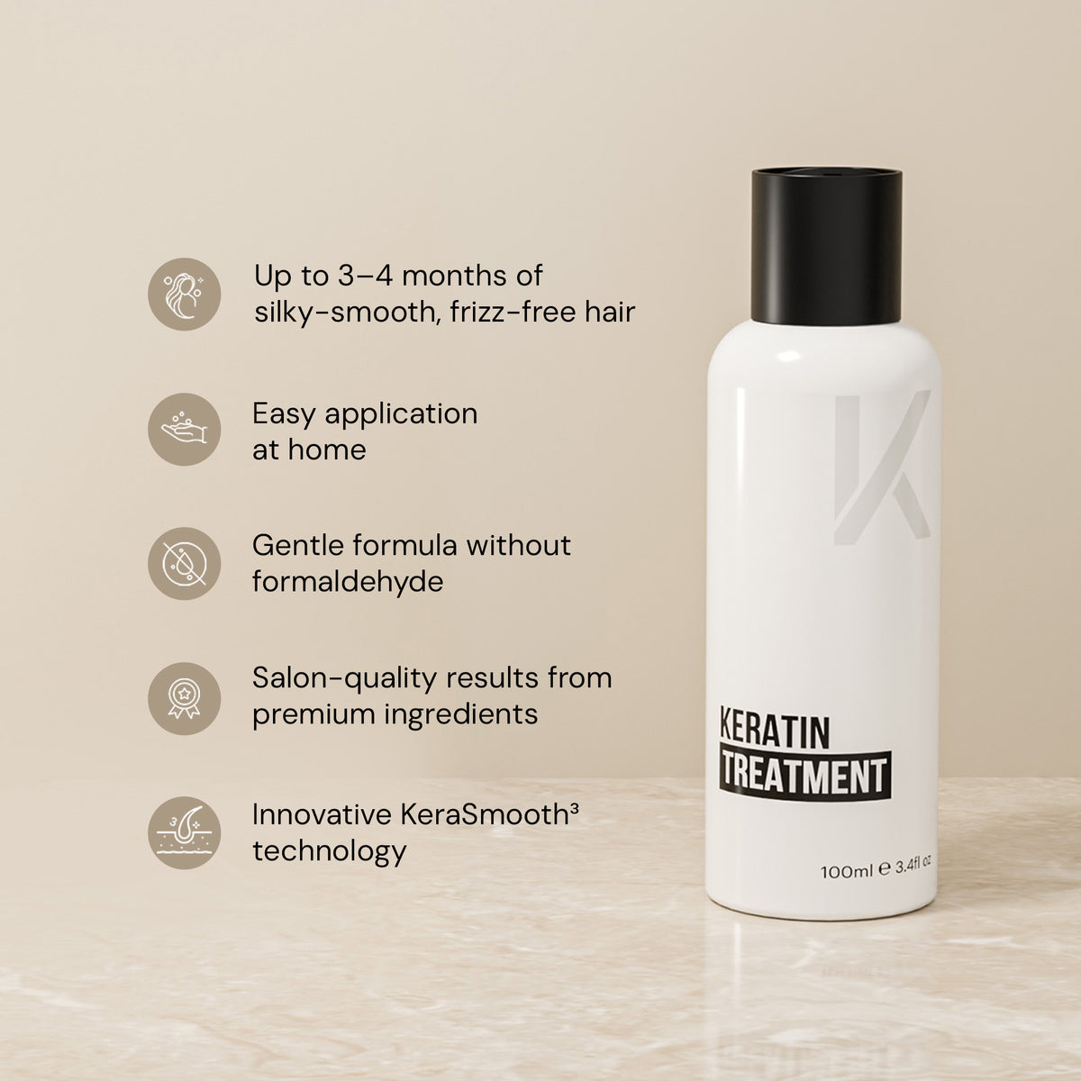 KERAZUL® Keratin Treatment, 100 ml, with five benefits: up to 3–4 months of smooth, frizz-free hair, easy application at home, formaldehyde-free formula, salon quality and KeraSmooth³ technology